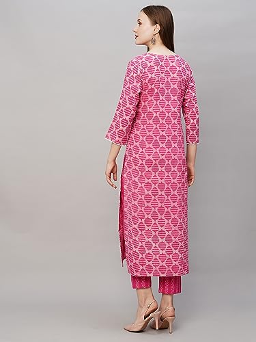 Anni Designer Women'S Cotton Blend Printed Straight Kurta With Pant (Vanar-Pink_M_Pink_Medium),Pink,M,Cotton Blend,Regular,