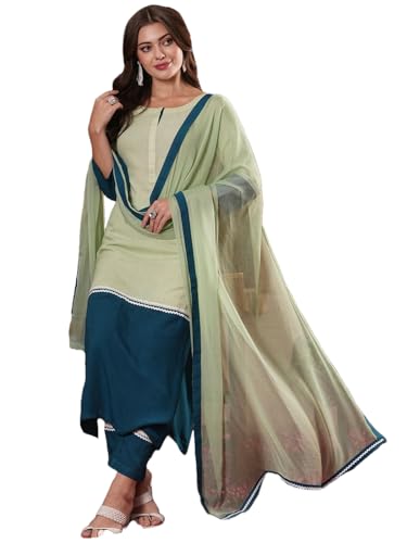 Anni Designer Women'S Cotton Blend Straight Solid Kurta With Pant & Dupatta (Panai Green-Vks01_L_Green_Large),Green,L