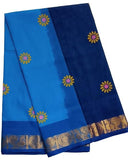WomenS Mixed Cotton Saree Latest Copper Zari Border Printed Putta Saree With Contrast Pallu (Aqua Blue With Dark Blue Pallu)