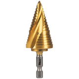 Klein Tools 25961 Step Drill Bit, 7/8 to 11/8Inch, Spiral DoubleFluted, Cut Thin Metal, Plastic, Aluminum, Wood, 1/4Inch Hex