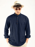Royalscout Men'S Cotton Polyester Blend Solid Regular Fit Full Sleeve Short Kurta Navy Navy L Jm_Button_Navy_L