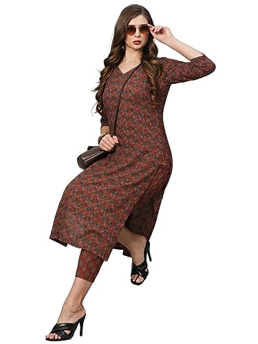 Gosriki Women'S Cotton Blend Straight Printed Kurta With Pant Set (Swami-Maroon-Gs_Xl_Maroon_X-Large),Maroon,,B0CFFF3KTG