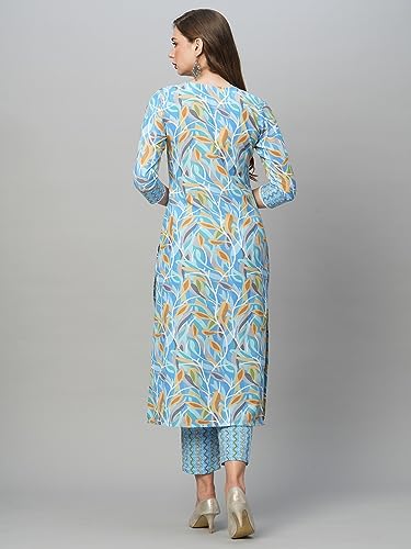 Anni Designer Women'S Cotton Blend Straight Printed Kurta With Pant Set (Pahal Blue_S_Blue_Small),Blue,S,Cotton Blend,Regular,Kurta