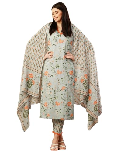 Anni Designer Women'S Cotton Blend Straight Printed Kurta With Pant & Dupatta (Drpo Green_Xl_Green_X-Large),Green,XL