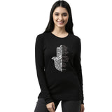 Enamor Essentials Full Sleeve Round Neck Slim Fit Stretch Cotton Lounge Tshirt For Womens-E157 (E157_Jet Black/Hamsa Energey_Xl)