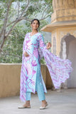 Anni Designer Women'S Cotton Blend Straight Printed Kurta With Pant & Dupatta (Sohini Sky Blue_S_Sky Blue_Small),Sky Blue,S,Cotton Blend,Regular,
