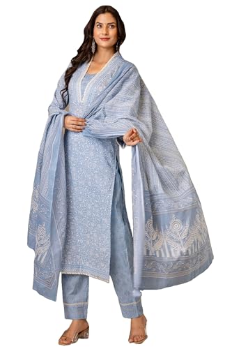 Anni Designer Women'S Rayon Blend Straight Printed Kurta With Pant & Dupatta (Soneva Blue_4Xl_Blue_Xxxx-Large),Blue,4XL