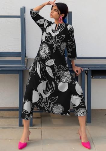 Anni Designer Women'S Cotton Blend Straight Printed Kurta With Pant (Anaar-Black_L_Black_Large),Black,L,Cotton Blend,Regular,