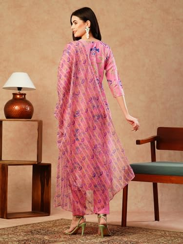 Anni Designer Women'S Cotton Blend Straight Printed Kurta With Pant & Dupatta (Fataki Baby Pink_M_Pink_Medium),Pink,M,Cotton Blend,Fataki_1537,Kurta, Scarf