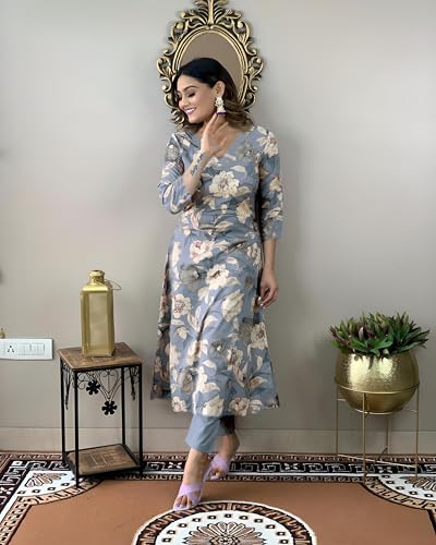 Anni Designer Women'S Cotton Blend Straight Printed Kurta With Pant (Dhun Grey_L_Grey_Large),Grey,L,Rayon Blend,Regular,Kurta