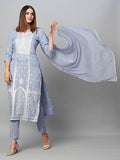 Anni Designer Women'S Cotton Blend Straight Printed Kurta With Pant & Dupatta (Paridhan Grey_S_Grey_Small),Grey,S,Cotton Blend,Regular,
