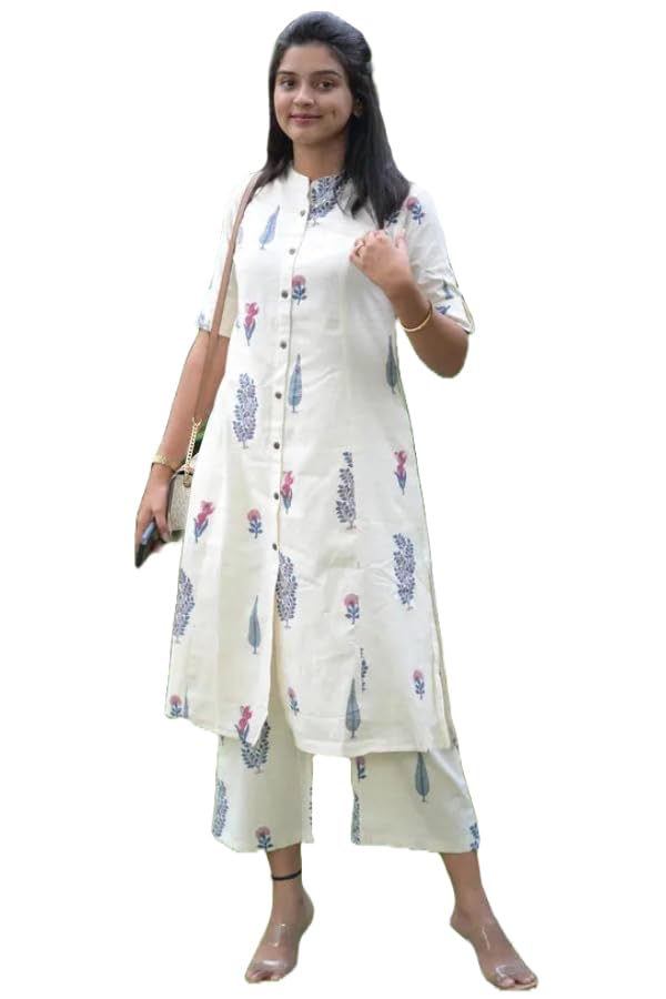 Anni Designer Women'S Rayon Viscose Straight Printed Kurta With Pant (Barkat Cream-Vks01_L_Cream_Large),Cream,L