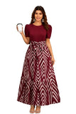 Hkv WomenS Maxi Dress, Maroon, Puff Sleeve, Chevron Print Skirt With Belt, Casual Style (In, Alpha, Xl, Red)