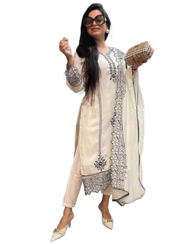 Anni Designer Women'S Rayon Blend Straight Embroidered Kurta With Pant & Dupatta (Trp Off-White-Nm_5Xl_White_Xxxxx-Large),White,5XL