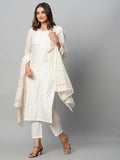 Anni Designer Women'S Cotton Blend Straight Printed Kurta With Pant & Dupatta (Gopuram Cream_L_Cream_Large),Cream,L,Cotton Blend,Regular,