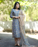 Anni Designer Women'S Cotton Blend Printed Straight Kurta With Pant & Dupatta (Moringa Blue-Jl_Xl_Blue_X-Large),Blue,XL,Cotton Blend,Casual,