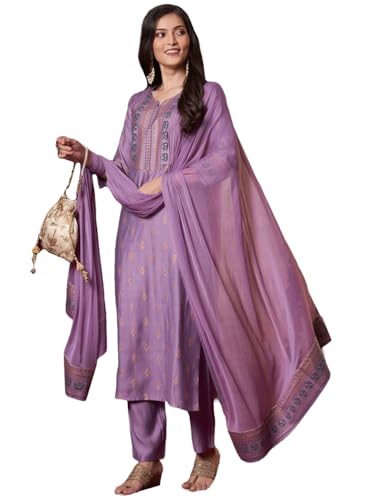 Anni Designer Women'S Rayon Blend Printed Straight Kurta With Pant & Dupatta (Toxic Purple-Vks01_Xl_Purple_X-Large),Purple,XL