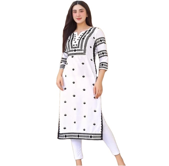 Anni Designer Women'S Rayon Viscose Chikankari Embroidered Straight Kurta (Stho White-Vks03_L_White_Large),White,L