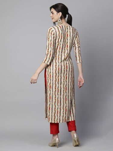 Anni Designer Women'S Cotton Blend Straight Printed Kurta With Pant Set (Parjapati Cream-Nw_L_Cream_Large),Cream,L,Cotton Blend,Regular,