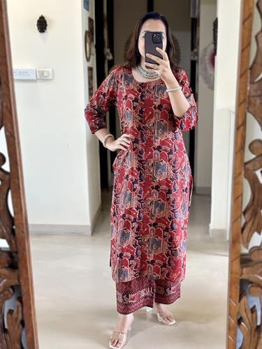 Anni Designer Women'S Rayon Viscose Straight Printed Kurta With Pant (Palhar Red_S_Red_Small),Red,S,Rayon Blend,Classic,