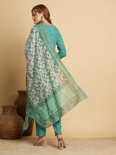 Anni Designer Women'S Cotton Blend Anarkali Solid Kurta With Pant & Dupatta (Utsav Green_Xl_Green_X-Large),Green,XL,Cotton Blend,Anarkali,Dupatta
