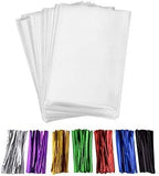200 Pcs 10 in x 6 in(1.4mil.) Clear Flat Cello Cellophane Treat Bags Good for Bakery, Cookies, Candies,Dessert with five random 