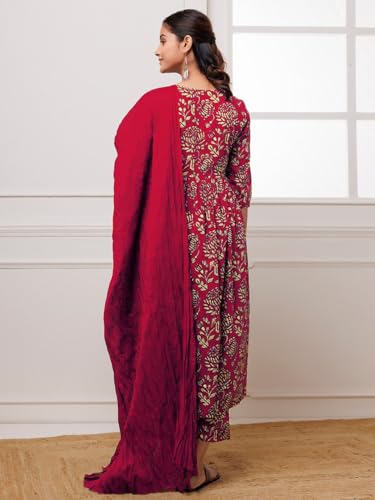Anni Designer Women'S Cotton Blend Anarkali Printed Kurta With Pant & Dupatta (Dabu Red_L_Red_Large),Red,L,Cotton Blend,Regular,