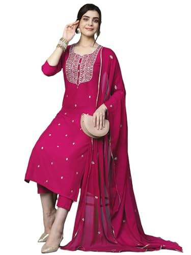 Anni Designer Women'S Cotton Blend Embroidered Straight Kurta With Pant & Dupatta (Kasturi Pink-Al_S_Pink_Small),Pink,S