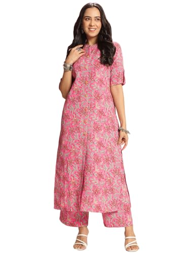 Anni Designer Women'S Rayon Viscose Straight Printed Kurta With Pant (Kasit Pink-Vks01_Xl_Pink_X-Large),Pink,XL