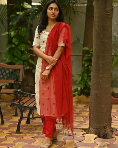 Gosriki Women'S Rayon Blend Straight Embroidered Kurta With Pant & Dupatta (Bindhu Cream-Gs_M_Cream_Medium),Cream,,B0DK9NTCBY