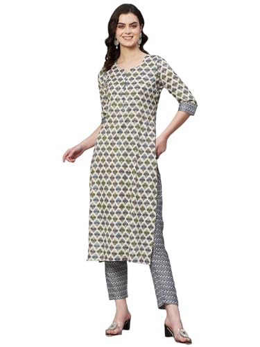 Anni Designer Women'S Cotton Blend Straight Printed Kurta With Pant (B12 Cream_L_Cream_Large),Cream,L