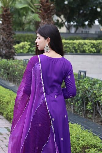 Anni Designer Women'S Cotton Blend Anarkali Embroidered Kurta With Pant & Dupatta (Gsk-Purple_4Xl_Purple_Xxxx-Large),Purple,4XL,Cotton Blend,Anarkali,
