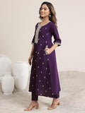 Libas Gerua Womens Embroidered Silk Blend A-Line Kurta With Trousers And Dupatta