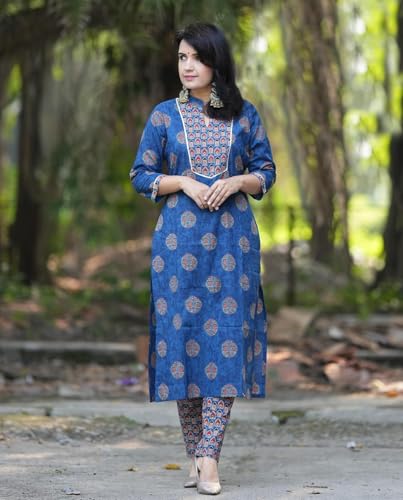 Anni Designer Women'S Rayon Blend Straight Printed Kurta With Pant (Kannum Blue_Xxl_Blue_Xx-Large),Blue,2XL,Rayon Blend,Regular,