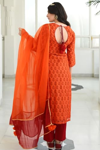 Gosriki Women'S Chanderi Cotton Printed Straight Kurta With Pant & Dupatta (Indu Orange_5Xl-Go_Orange_Xxxxx-Large),Orange,5,B0B6W8RRRM