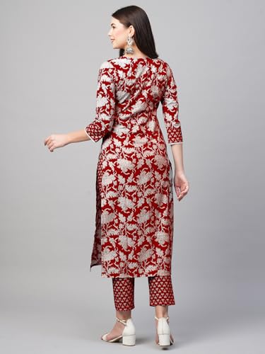 Anni Designer Women'S Cotton Blend Printed Straight Kurta With Pant (Pustak Red_Xl_Begani_X-Large),Red,XL,Cotton Blend,Pustak-85415,