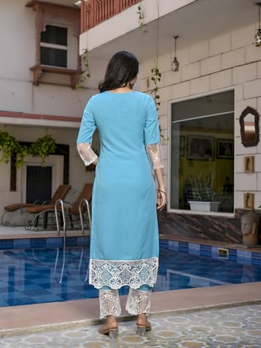 Anni Designer Women'S Cotton Blend Straight Solid Kurta With Pant (Takada Sky Blue_Xl_Sky Blue_X-Large),Sky Blue,XL,Cotton Blend,Regular,Kurta