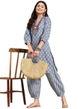 Lookmark Women'S Trendy Printed Cotton Blend Straight Grey Color Kurta And Afghani Pant Set (Ks2070-M)