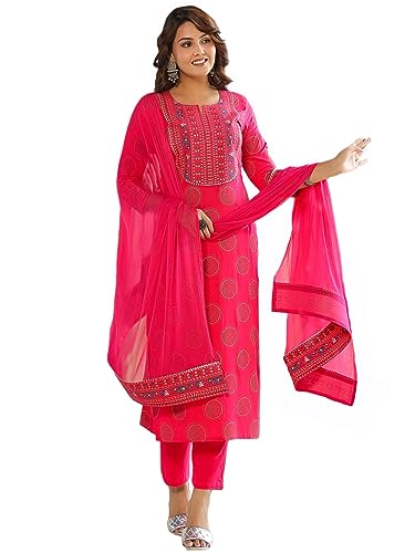 Anni Designer Women'S Cotton Blend Straight Printed Kurta With Pant & Dupatta (Nov-Pink-Nwg_Xxl_Pink_Xx-Large),Pink,2XL
