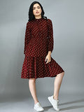 Leriya Fashion Women's Summer Slub Rayon Wrap Maxi Dress Casual Dote Printed High Neck Full Sleeve Ruffle Hem Split Beach Long Dress (LF-WD-1001-XL) Maroon,Maroon