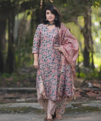 Anni Designer Women'S Cotton Blend Printed Straight Kurta With Pant & Dupatta (Moringa Green_L_Green_Large),Green,L,Cotton Blend,Regular,
