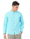 FYLTR Men's Solid Slim Fit 100% Cotton Linen Look Casual Shirt,Blue Beats