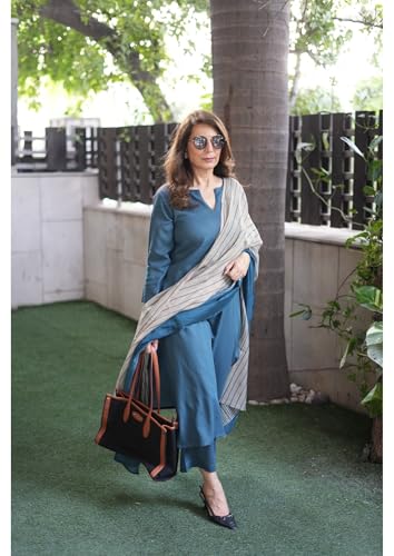 Gosriki Women'S Rayon Blend Straight Solid Kurta With Pant & Dupatta (Rozana Cerosin-Vks01-Gs_M_Dark Blue_Medium),Dark Blue,,B0DNBD8NC7
