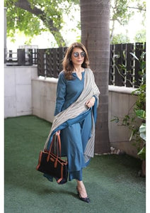 Gosriki Women'S Rayon Blend Straight Solid Kurta With Pant & Dupatta (Rozana Cerosin-Vks01-Gs_M_Dark Blue_Medium),Dark Blue,,B0DNBD8NC7