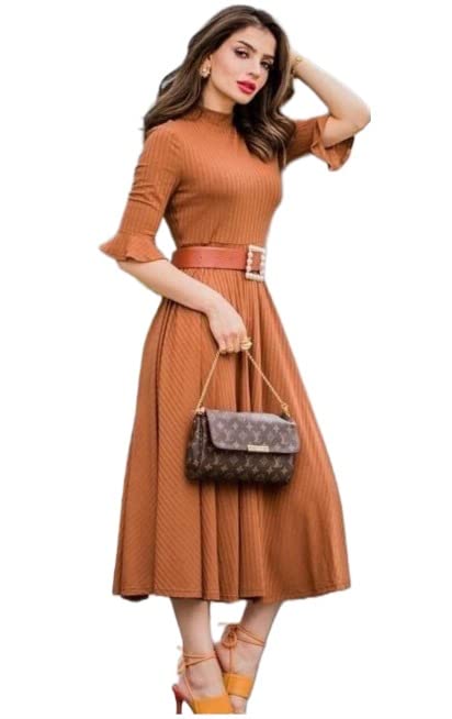 Anni Designer Women'S Lycra Cotton Solid Half Sleeve Belted Flowy Tiered A-Line Dress (Juli-Rust_M_Rust_Medium),Rust,M