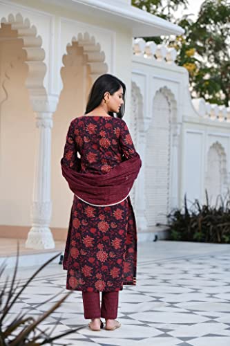 Anni Designer Women'S Cotton Blend Straight Printed Kurta With Pant & Dupatta (Rapat-Wine-Sm_Xxl_Wine_Xx-Large),Wine,2XL,Cotton Blend,Regular,