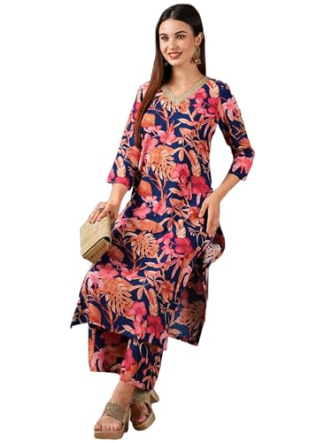 Gosriki Women'S Cotton Blend Straight Printed Kurta With Palazzo (Chinki Blue-Nw-Gs_Xl_Blue_X-Large),Blue,,B0D3QRJRNV