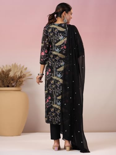 Anni Designer Women'S Rayon Blend Printed Straight Kurta With Pant & Dupatta (Geto Black-Nw_5Xl_Black_Xxxxx-Large),Black,5XL,Rayon Blend,Regular,