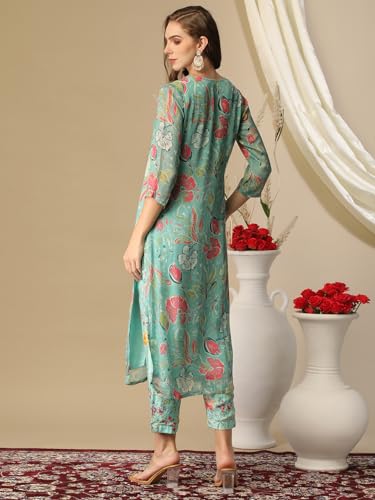 Anni Designer Women'S Cotton Blend Straight Printed Kurta With Pant (Vitudi Green-Nw_M_Green_Medium),Green,M,Cotton Blend,Regular,