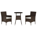 Vidaxl 3-Piece Brown Poly Rattan Patio Bistro Set Includes Cushioned Chairs And Tempered Glass Top Table – Sturdy, Weather-Resistant And Comfortable Outdoor Furniture For Deck, Garden, Lounge Area